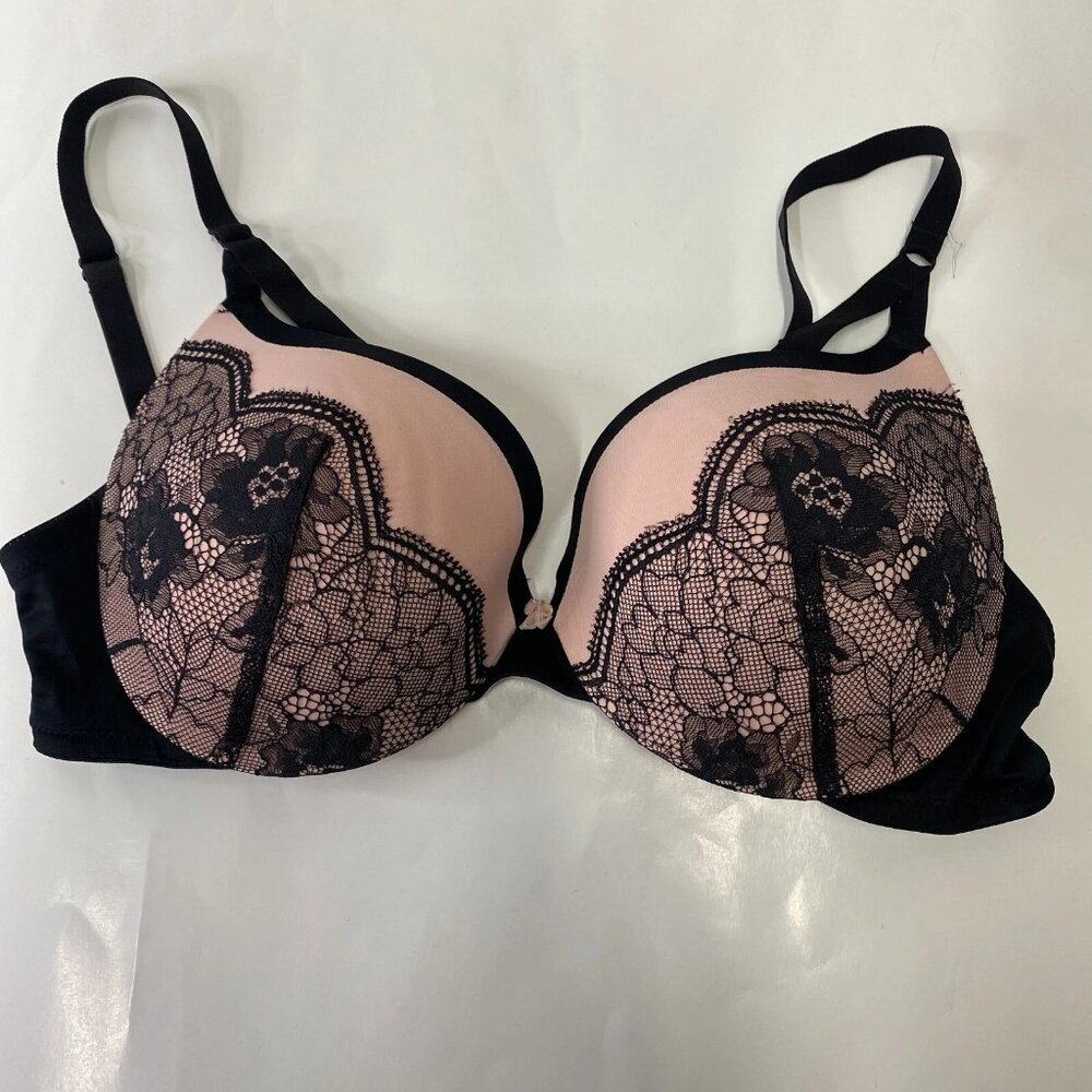 Maidenform Push Up Bra Womens 34D Pink Black Lace Padded Underwire Romance Sexy‎